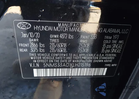 2020 Hyundai Santa Fe Sel из США, поврежденный, VIN 5NMS33ADXLH215196